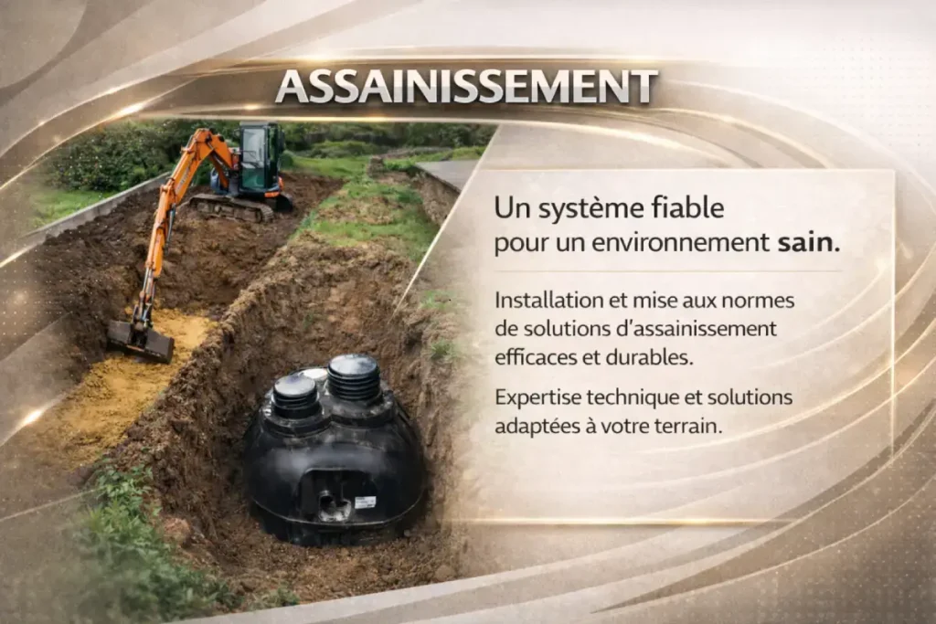 Travaux d’assainissement avec mini-pelle et pose de fosse toutes eaux sur terrain, installation conforme pour traitement des eaux usées et drainage durable.