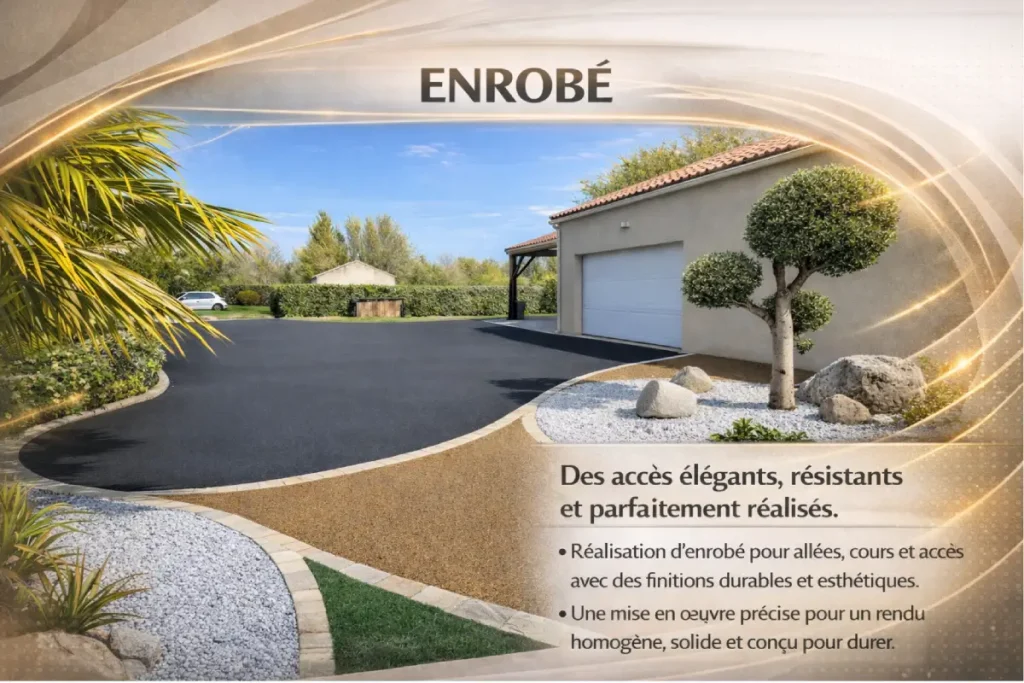 Aménagement extérieur en enrobé pour allée de maison et accès garage avec finition résistante et élégante