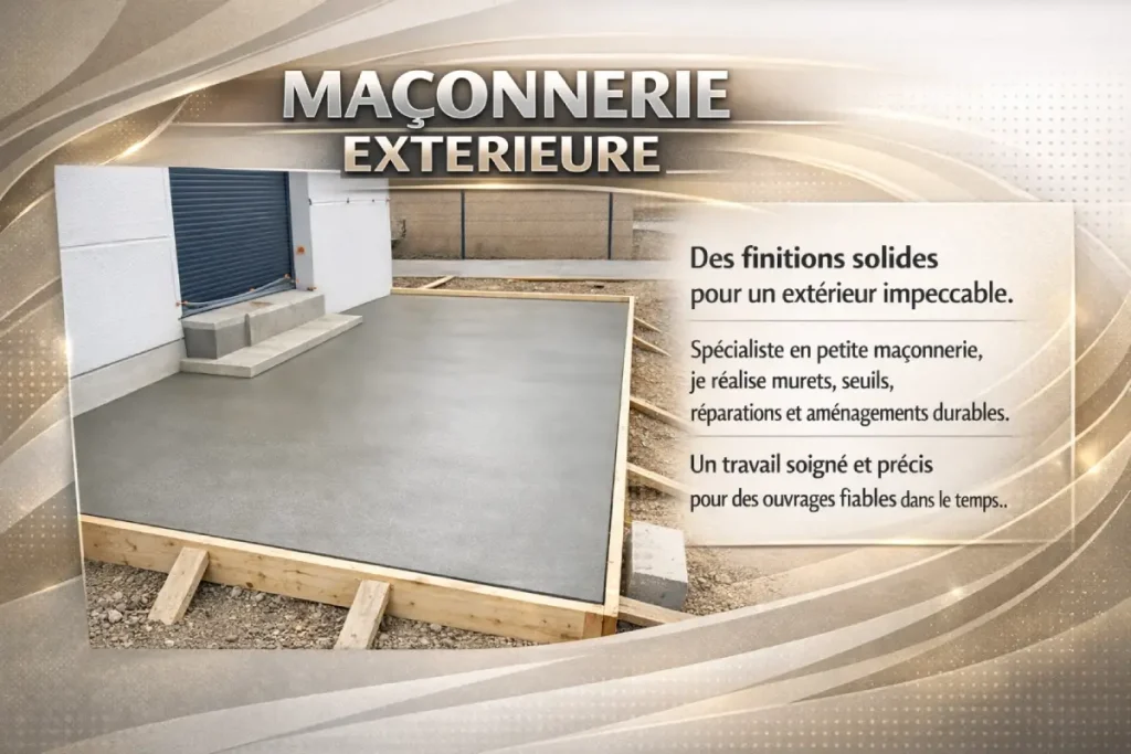Maçonnerie extérieure avec dalle béton neuve devant maison, réalisation de terrasse, seuil et aménagement extérieur durable par artisan maçon.