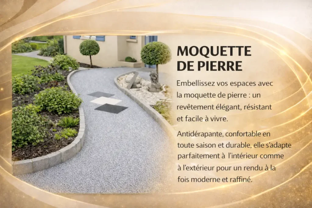 Allée de jardin en moquette de pierre antidérapante, revêtement extérieur durable et décoratif, idéale pour terrasse, entrée de maison et aménagement paysager moderne