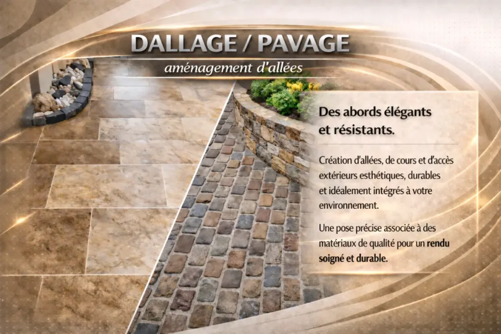 « Aménagement extérieur en dallage et pavage pour allée et cour de maison avec revêtement décoratif durable et pose professionnelle »