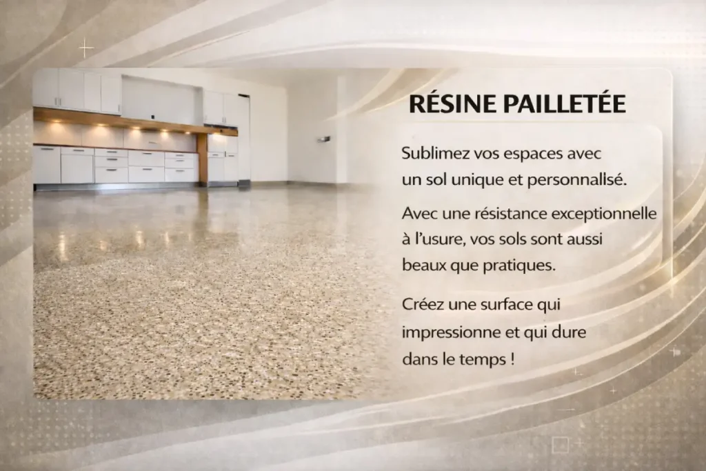 "Sol intérieur en résine pailletée décorative, revêtement moderne et résistant pour maison, garage ou espace professionnel, avec finition esthétique et durable."