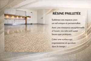 "Sol intérieur en résine pailletée décorative, revêtement moderne et résistant pour maison, garage ou espace professionnel, avec finition esthétique et durable."