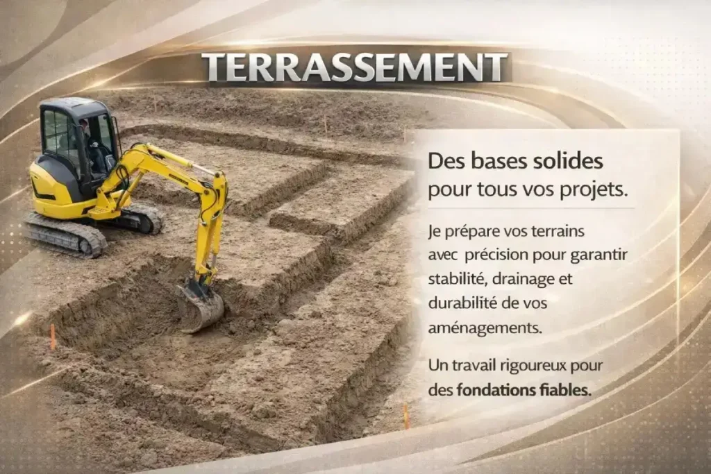 Terrassement avec mini-pelle sur chantier préparant des fondations de maison, excavation du terrain et nivellement pour travaux de construction durables.